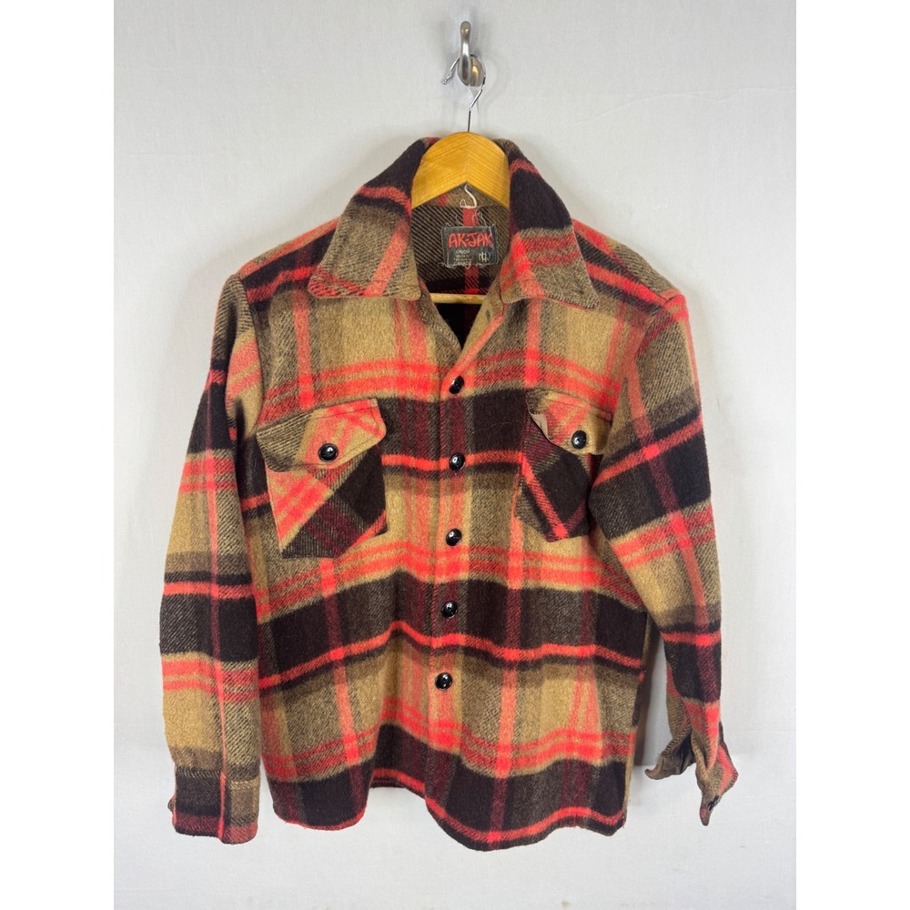 Vintage Ak-Jak Wool Plaid Shirt Jacket Red Brown Buffalo Check Shacket Canada